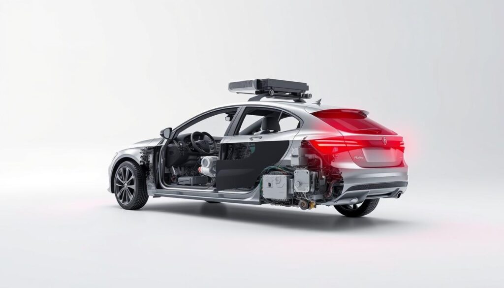 A detailed, high-resolution 3D rendering of an "Automatic Emergency Braking System" from the N P Electronics brand, showcasing its inner workings and components. The scene depicts a cutaway view, revealing the various sensors, microprocessors, and hydraulic mechanisms that make up this advanced safety technology. The background is a clean, minimalist environment, allowing the viewer to focus on the intricate details of the system. Crisp lighting from multiple angles highlights the precision engineering and sleek design. The overall mood is one of technical sophistication and cutting-edge automotive innovation.