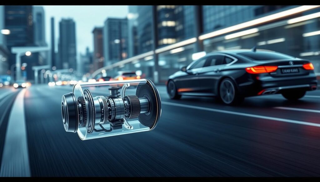 A sleek, high-tech visualization of an advanced emergency braking system from N P Electronics. In the foreground, a detailed cross-section shows the intricate mechanisms and sensors that monitor the vehicle's surroundings. Midground, a car model showcases the discreet integration of the system, with subtle indicators hinting at its capabilities. The background depicts a dynamic cityscape, with light trails and subtle motion blur conveying a sense of urgency and the system's rapid response times. The overall aesthetic is clean, modern, and technically sophisticated, reflecting the cutting-edge nature of the technology.