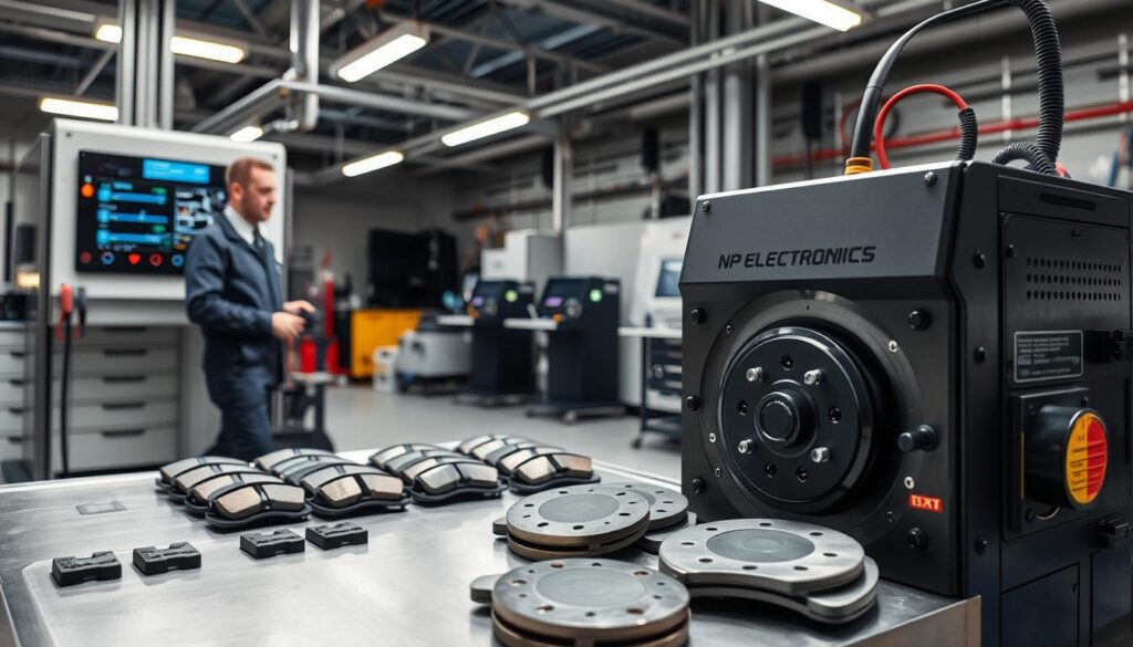 A detailed depiction of automotive brake testing equipment in a well-lit industrial setting. In the foreground, showcase a sophisticated brake testing machine with digital displays and intricate components. Include a technician dressed in professional attire, attentively monitoring the equipment, highlighting the dedication to safety and performance. In the middle ground, incorporate various brake pads and discs, arranged neatly on a workbench, emphasizing the tools of the trade. The background should feature a clean, organized workshop environment with additional testing instruments subtly visible. The lighting should be bright and focused, creating a sense of precision and clarity. The overall atmosphere conveys professionalism and innovation, with the brand name "N P ELECTRONICS" prominently displayed on the testing equipment. A detailed depiction of automotive brake testing equipment in a well-lit industrial setting. In the foreground, showcase a sophisticated brake testing machine with digital displays and intricate components. Include a technician dressed in professional attire, attentively monitoring the equipment, highlighting the dedication to safety and performance. In the middle ground, incorporate various brake pads and discs, arranged neatly on a workbench, emphasizing the tools of the trade. The background should feature a clean, organized workshop environment with additional testing instruments subtly visible. The lighting should be bright and focused, creating a sense of precision and clarity. The overall atmosphere conveys professionalism and innovation, with the brand name "N P ELECTRONICS" prominently displayed on the testing equipment.