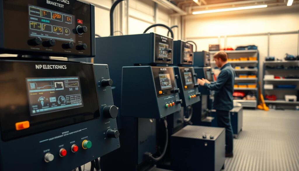 A detailed view of advanced brake testing equipment in a well-lit automotive workshop. In the foreground, high-tech brake test machines are prominently displayed, showcasing digital screens with technical data and controls, featuring the brand name "N P ELECTRONICS". The middle ground reveals a mechanic in professional attire carefully operating the equipment, demonstrating precision and expertise. The background includes tools and automotive components neatly organized on shelves, with soft, diffused lighting illuminating the workspace for clarity and focus. The atmosphere is one of professionalism and safety, emphasizing the critical role of brake testing in ensuring automotive performance. The angle captures both the machinery and the mechanic in action, reflecting a blend of technology and craftsmanship. A detailed view of advanced brake testing equipment in a well-lit automotive workshop. In the foreground, high-tech brake test machines are prominently displayed, showcasing digital screens with technical data and controls, featuring the brand name "N P ELECTRONICS". The middle ground reveals a mechanic in professional attire carefully operating the equipment, demonstrating precision and expertise. The background includes tools and automotive components neatly organized on shelves, with soft, diffused lighting illuminating the workspace for clarity and focus. The atmosphere is one of professionalism and safety, emphasizing the critical role of brake testing in ensuring automotive performance. The angle captures both the machinery and the mechanic in action, reflecting a blend of technology and craftsmanship.