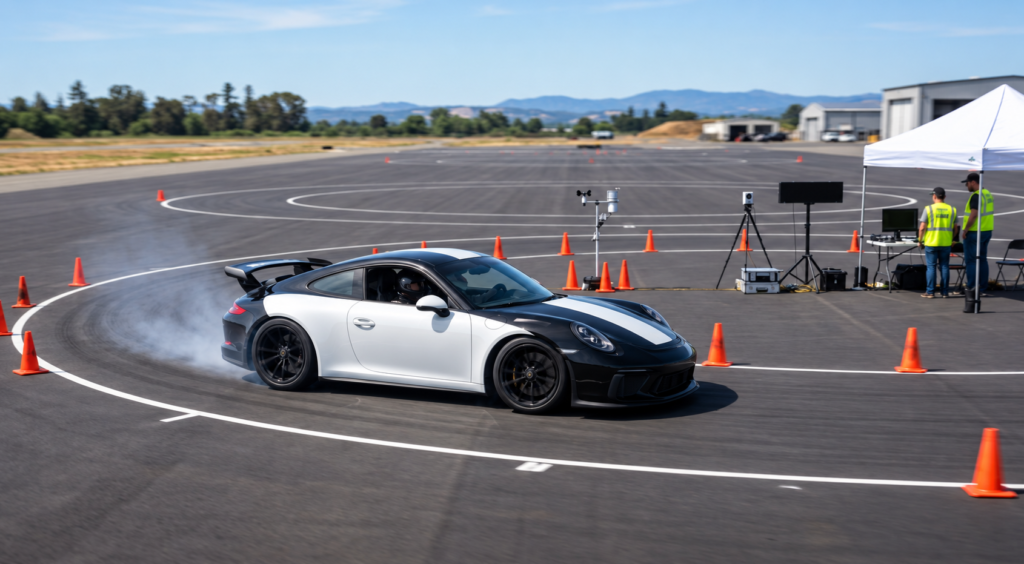 Sports car performing a skidpad test on a controlled automotive testing track